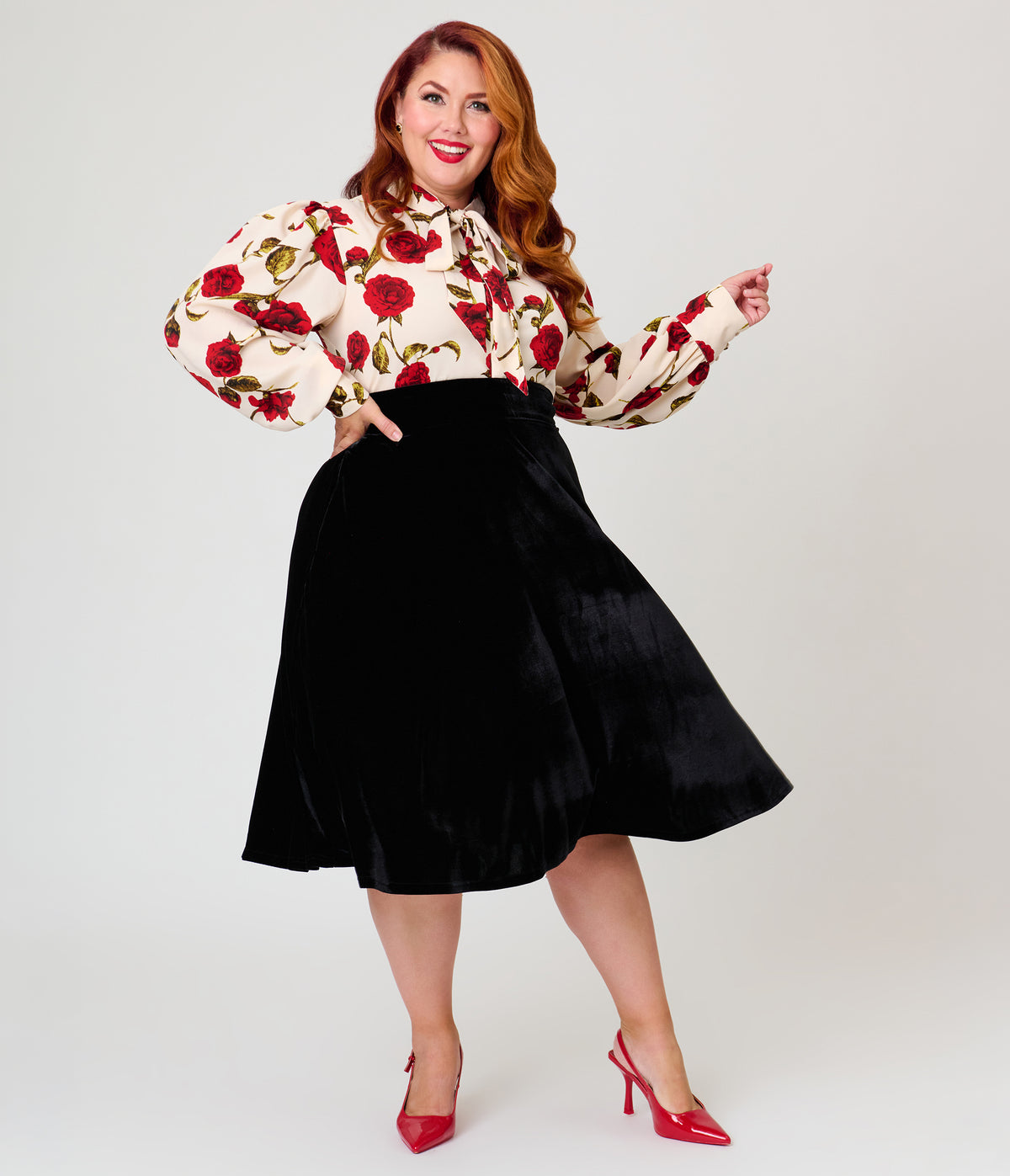 Unique Vintage Plus Size Black Velvet Vivien Swing Skirt