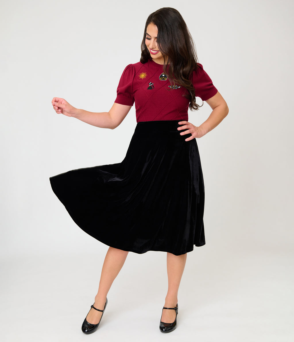 Unique Vintage Black Velvet Vivien Swing Skirt