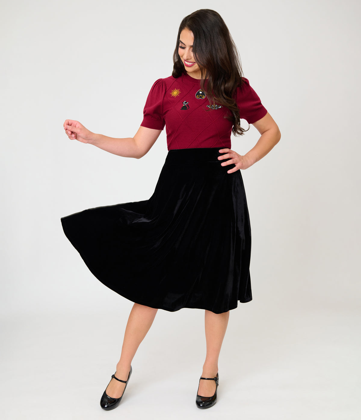 Unique Vintage Black Velvet Vivien Swing Skirt