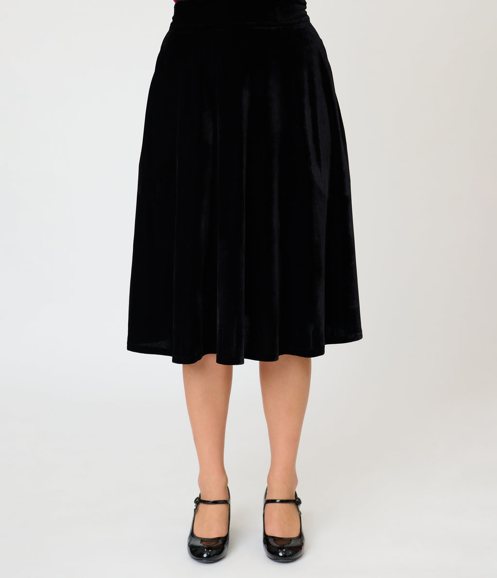 Unique Vintage Black Velvet Vivien Swing Skirt