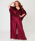 Unique Vintage Plus Size Burgundy & Gold Stars Caftan Jumpsuit