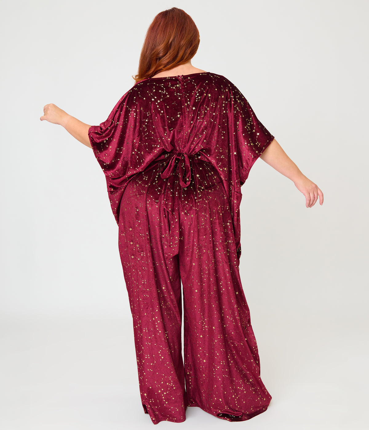 Unique Vintage Plus Size Burgundy & Gold Stars Caftan Jumpsuit
