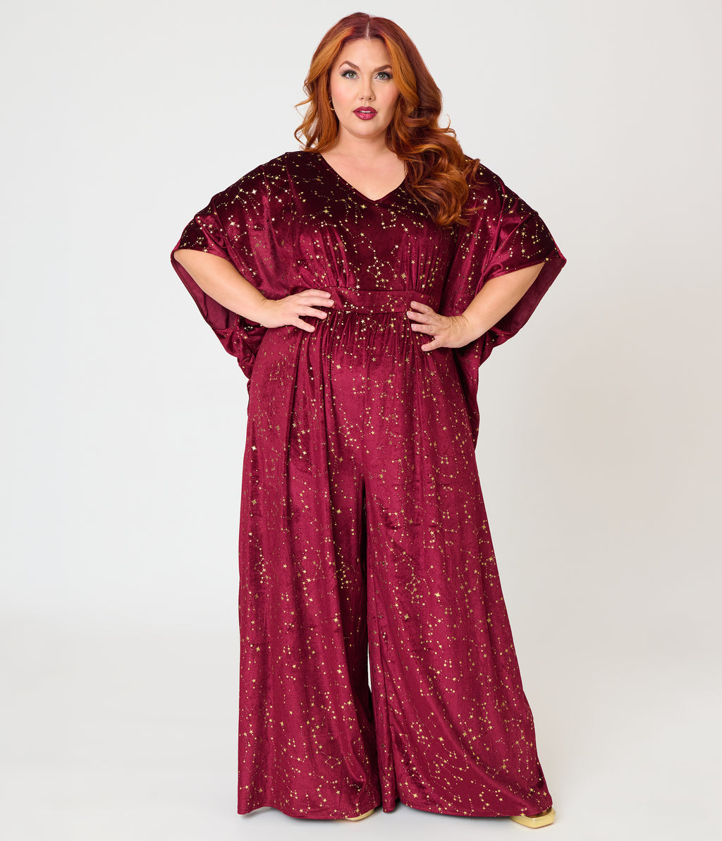 Unique Vintage Plus Size Burgundy & Gold Stars Caftan Jumpsuit