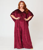 Unique Vintage Plus Size Burgundy & Gold Stars Caftan Jumpsuit