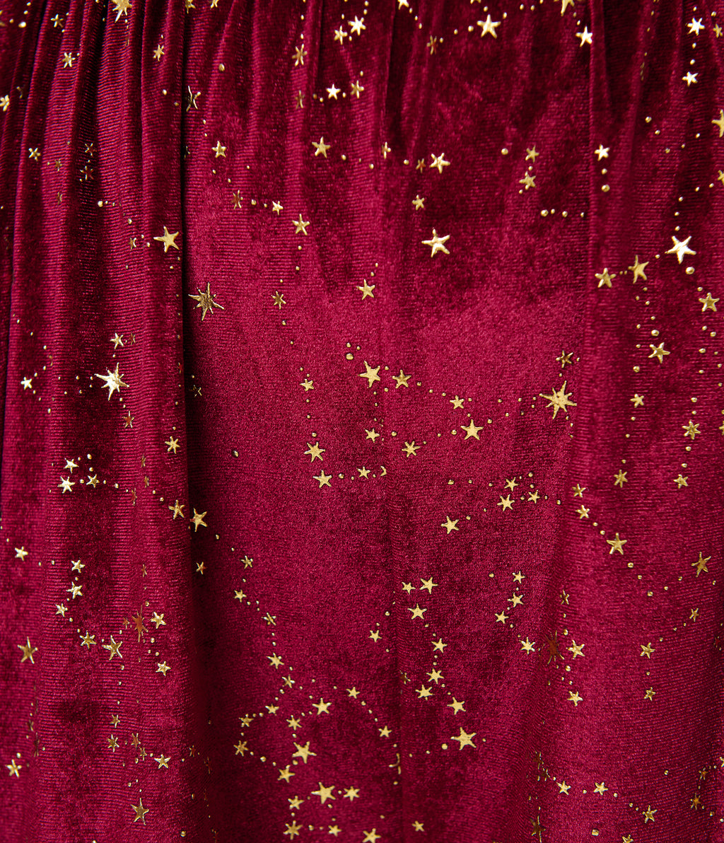 Unique Vintage Plus Size Burgundy & Gold Stars Caftan Jumpsuit