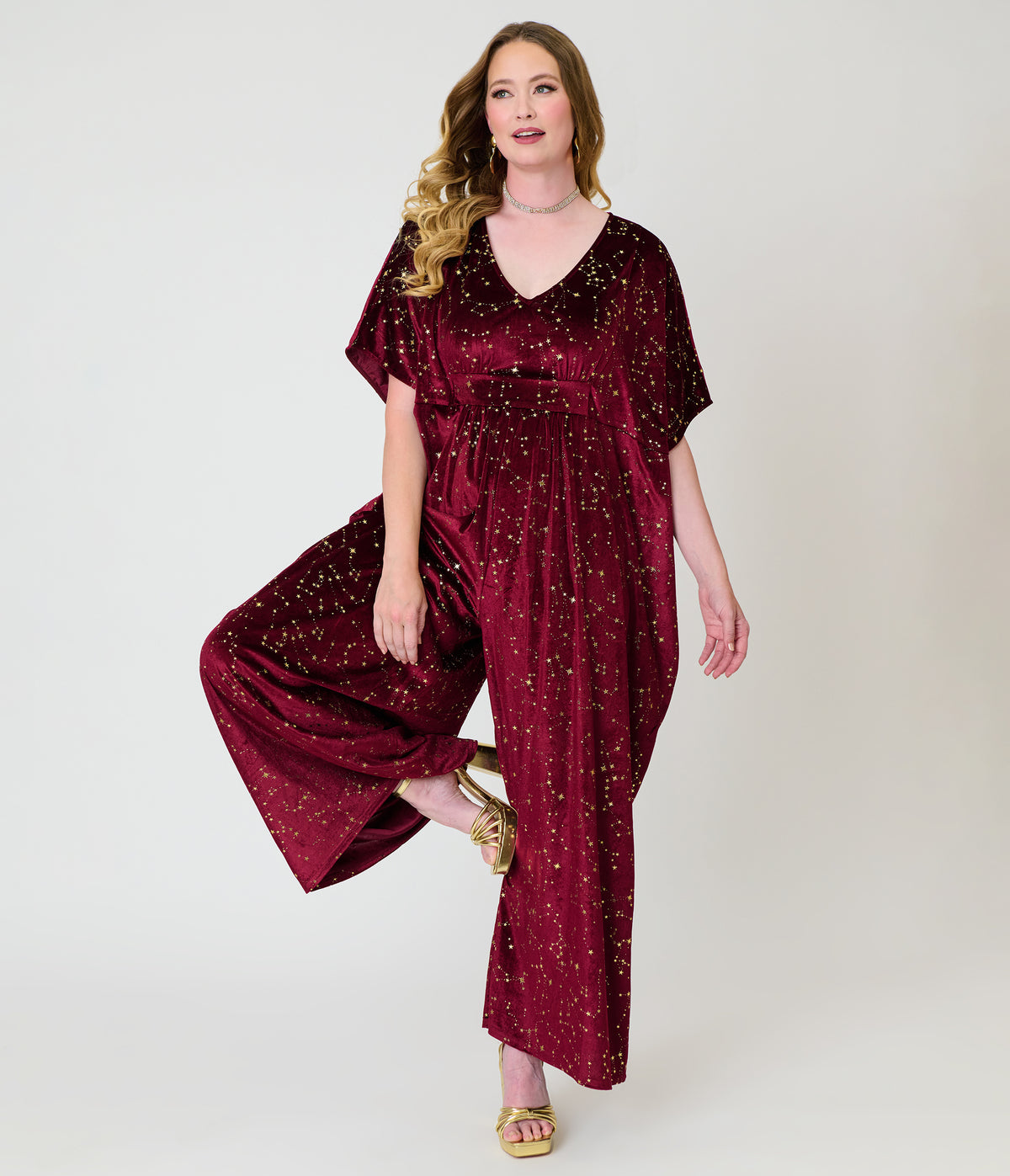 Unique Vintage Burgundy & Gold Stars Caftan Jumpsuit