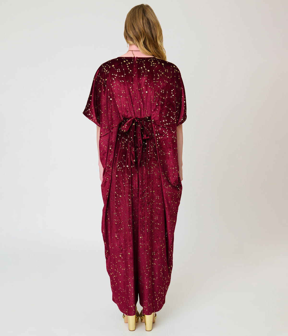Unique Vintage Burgundy & Gold Stars Caftan Jumpsuit