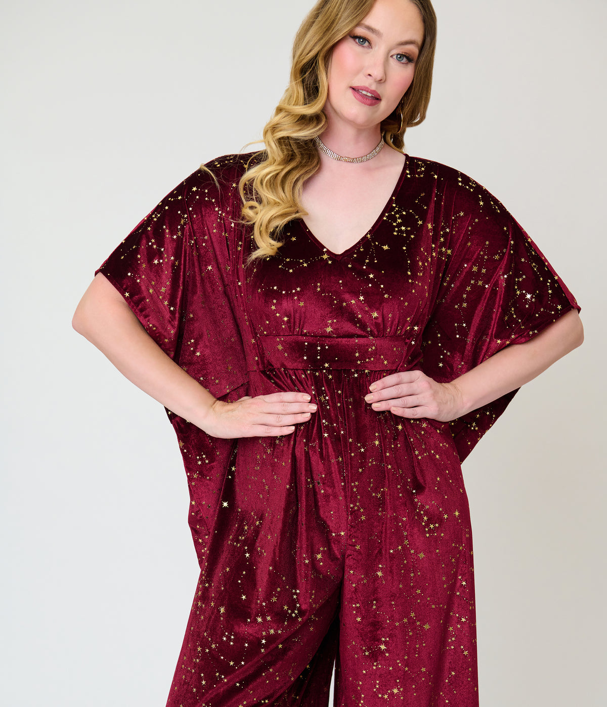 Unique Vintage Burgundy & Gold Stars Caftan Jumpsuit