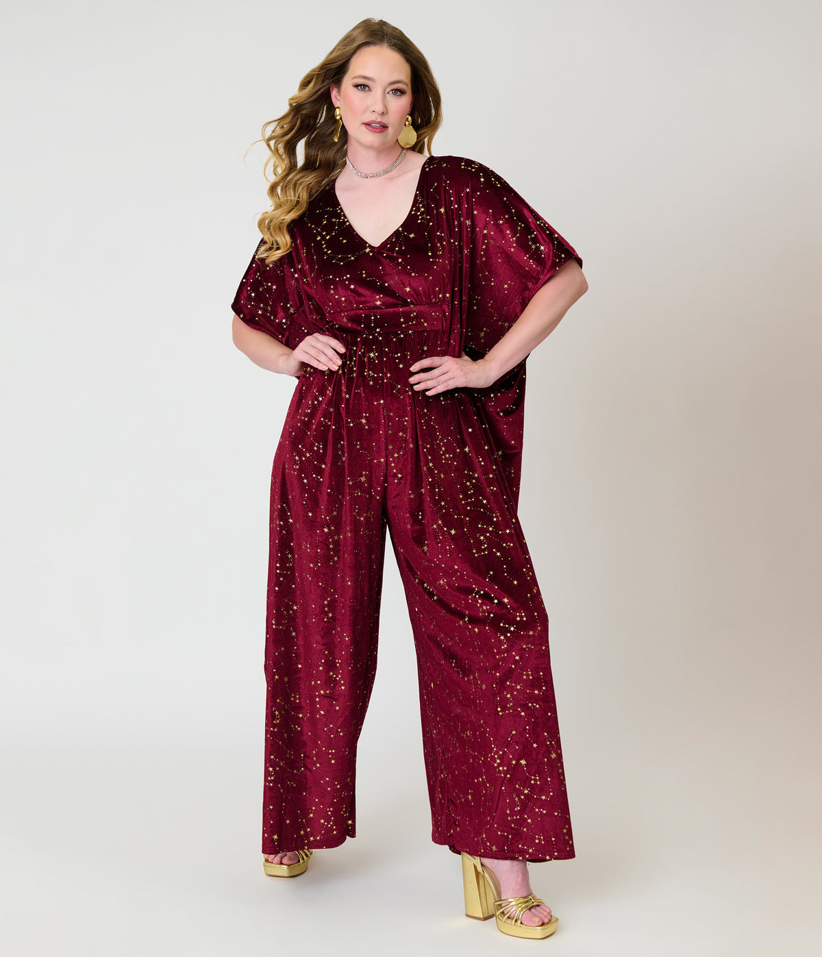 Unique Vintage Burgundy & Gold Stars Caftan Jumpsuit