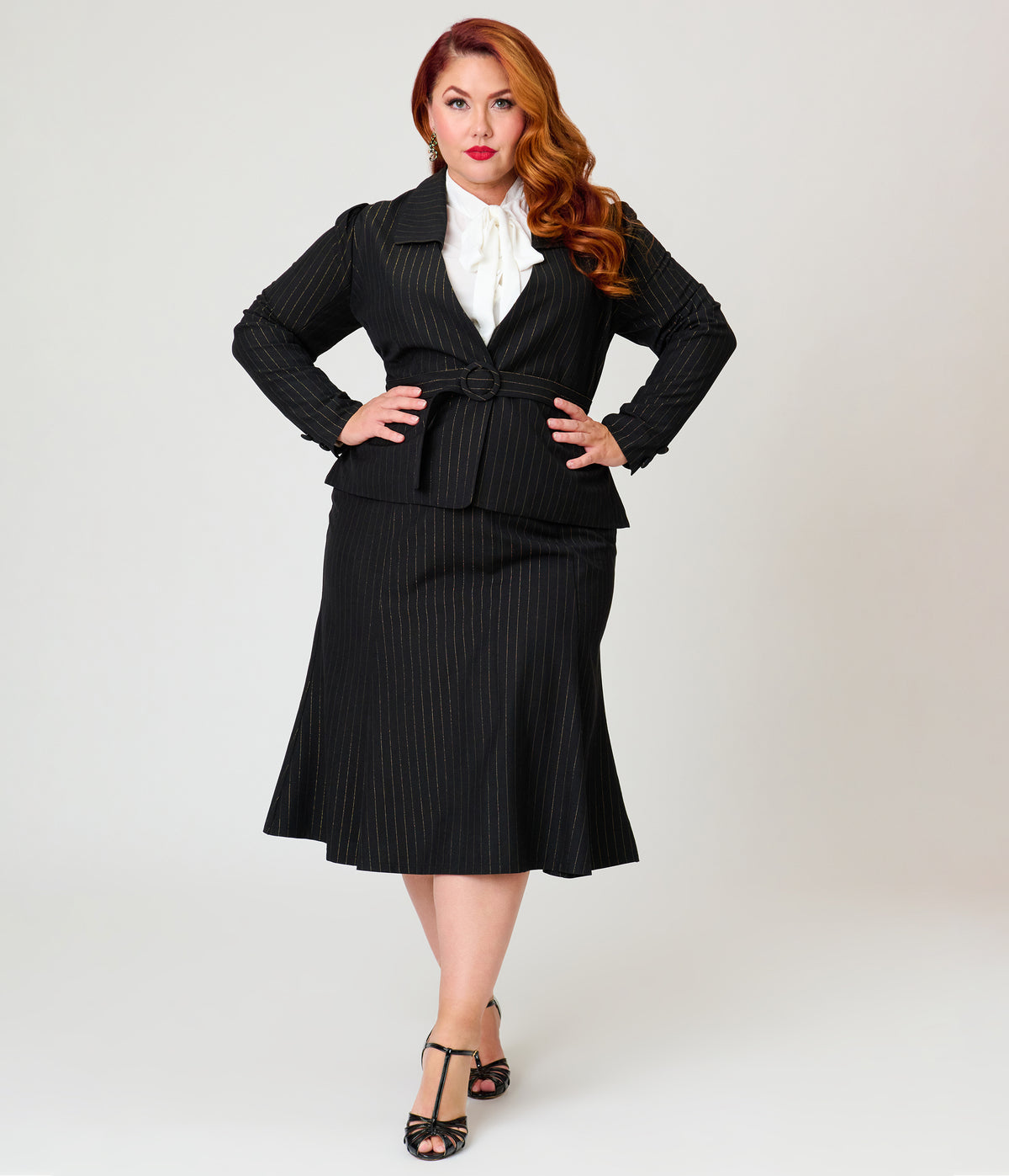 Unique Vintage Plus Size Black & Gold Pinstripe Tina Trumpet Skirt