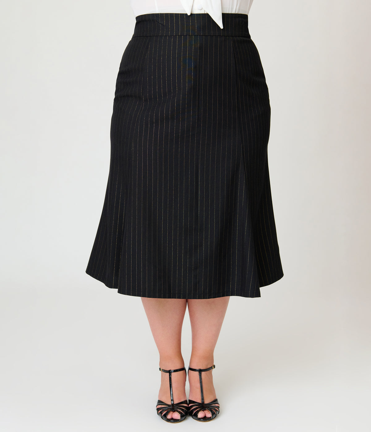 Unique Vintage Plus Size Black & Gold Pinstripe Tina Trumpet Skirt