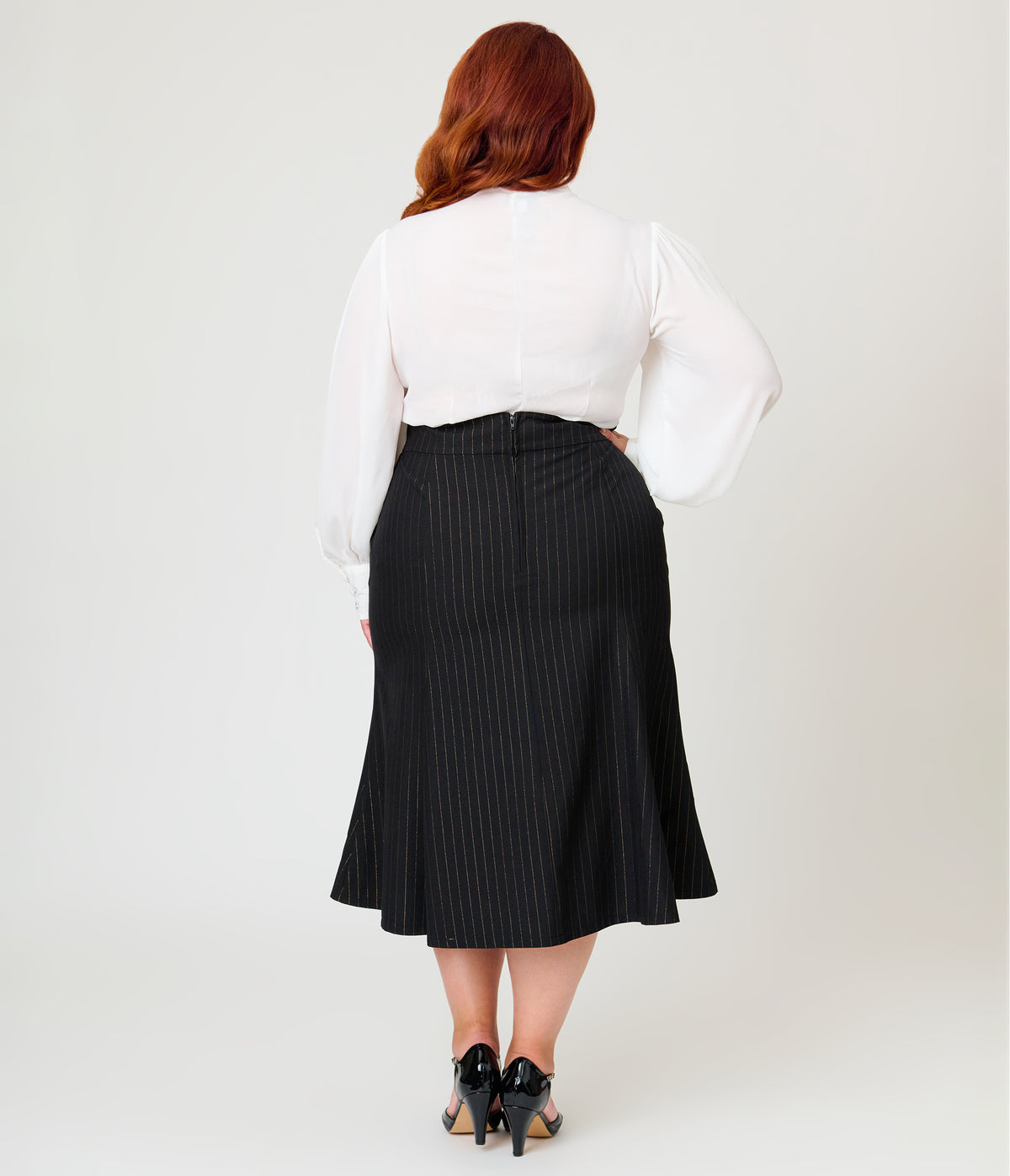 Unique Vintage Plus Size Black & Gold Pinstripe Tina Trumpet Skirt