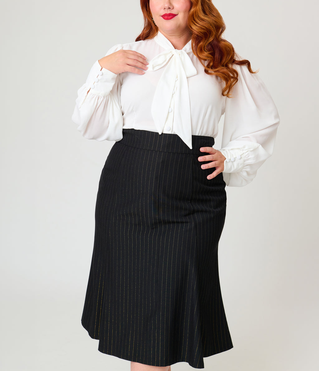 Unique Vintage Plus Size Black & Gold Pinstripe Tina Trumpet Skirt