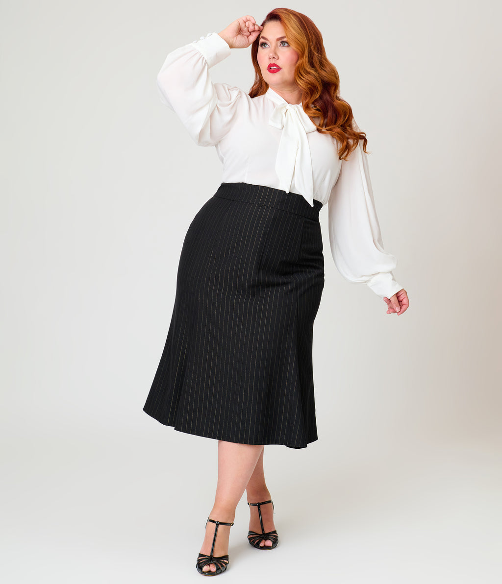 Unique Vintage Plus Size Black & Gold Pinstripe Tina Trumpet Skirt