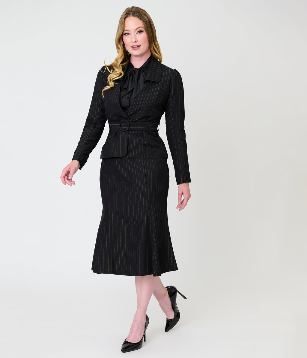 Unique Vintage Black & Gold Pinstripe Tina Trumpet Skirt