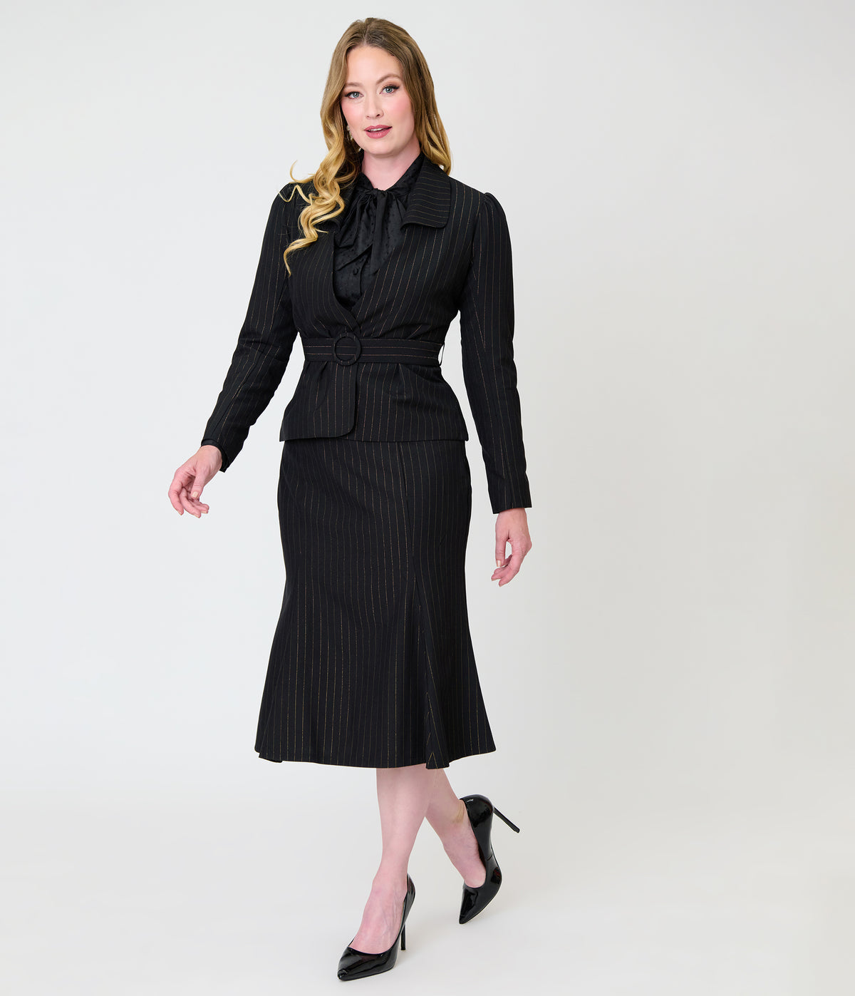 Unique Vintage Black & Gold Pinstripe Tina Trumpet Skirt