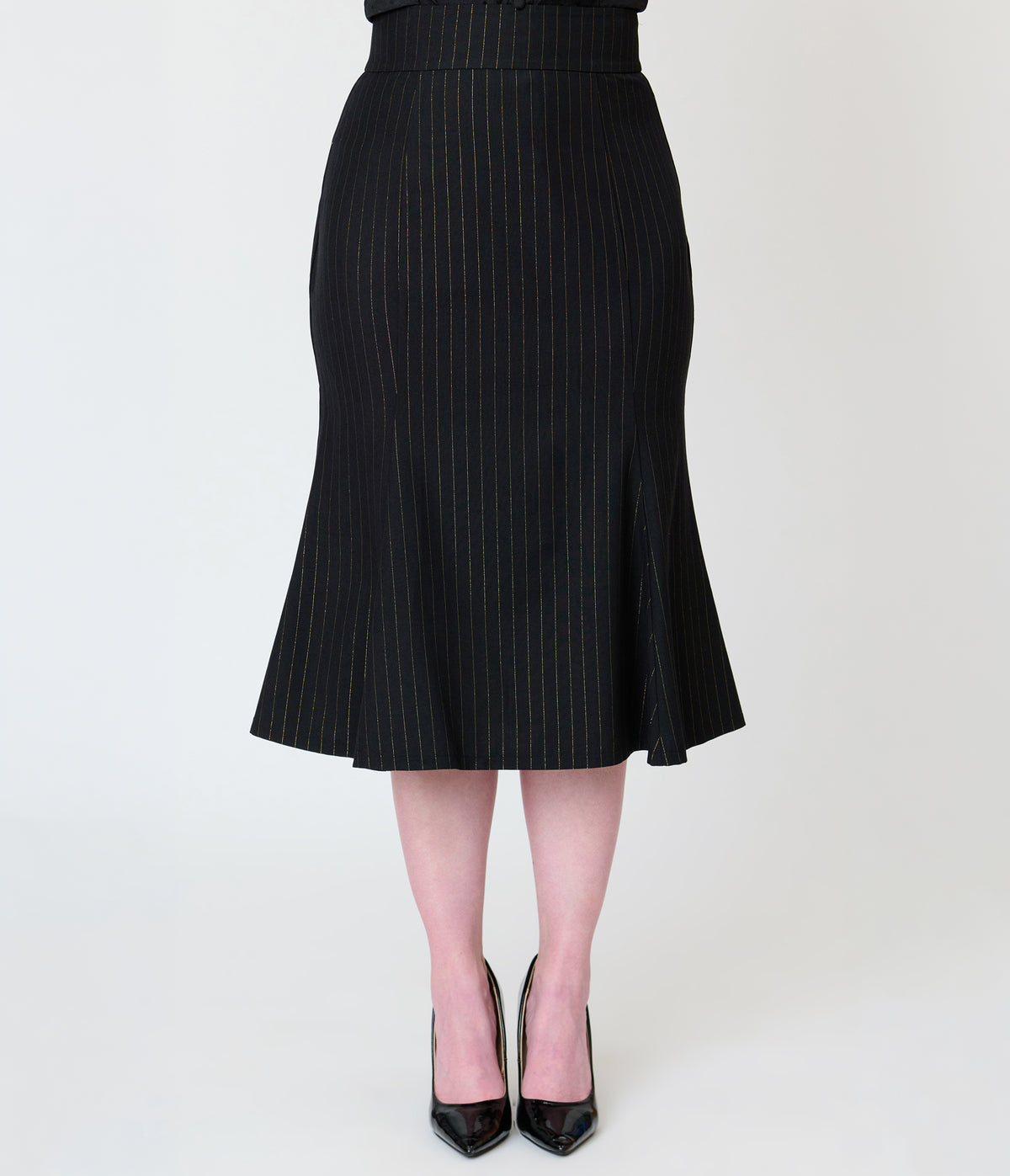 Unique Vintage Black & Gold Pinstripe Tina Trumpet Skirt