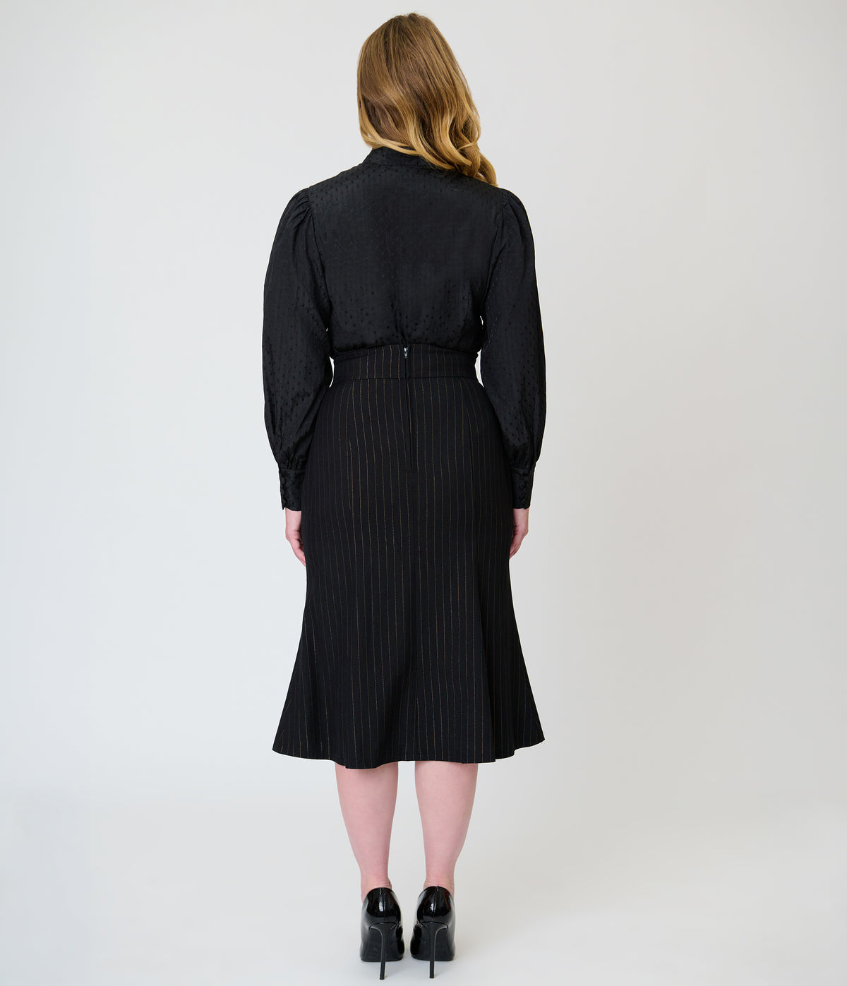 Unique Vintage Black & Gold Pinstripe Tina Trumpet Skirt