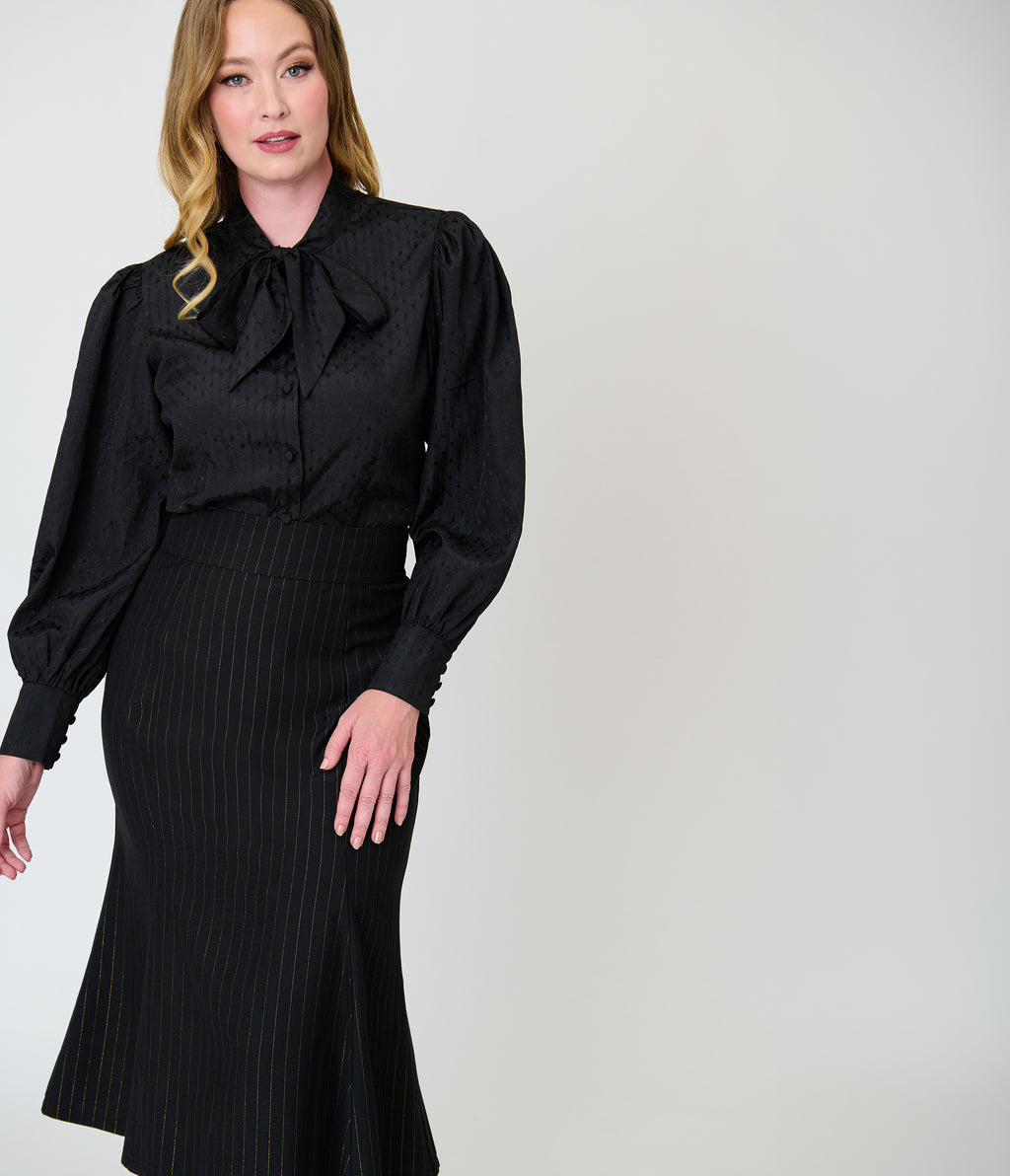 Unique Vintage Black & Gold Pinstripe Tina Trumpet Skirt