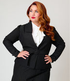 Unique Vintage Plus Size Black & Gold Pinstripe Belted Jacket