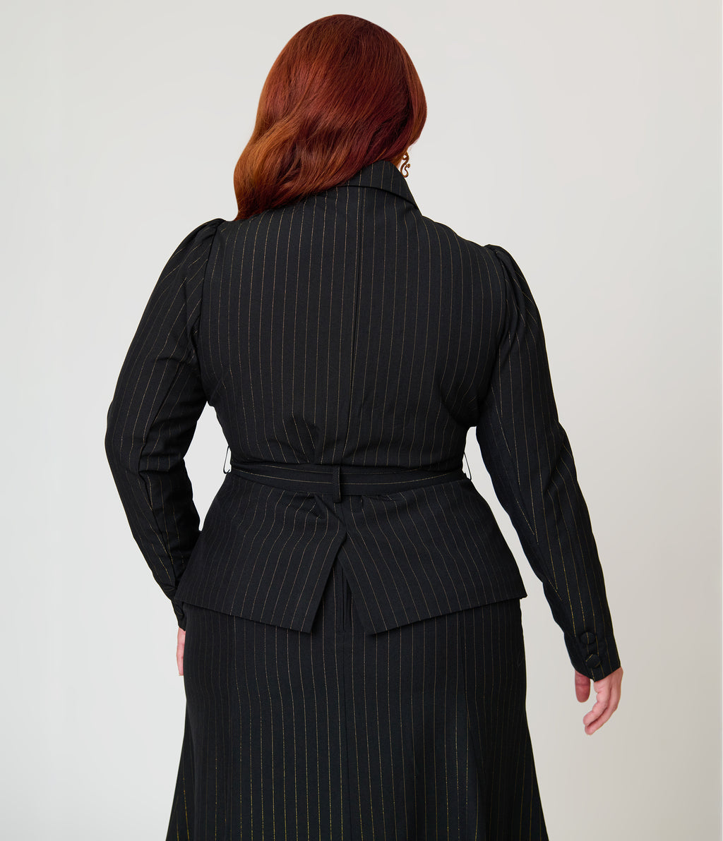 Unique Vintage Plus Size Black & Gold Pinstripe Belted Jacket