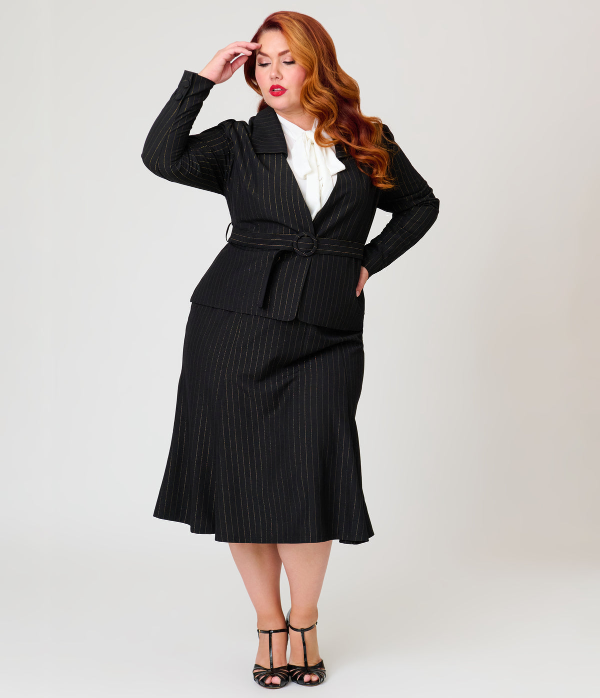 Unique Vintage Plus Size Black & Gold Pinstripe Belted Jacket