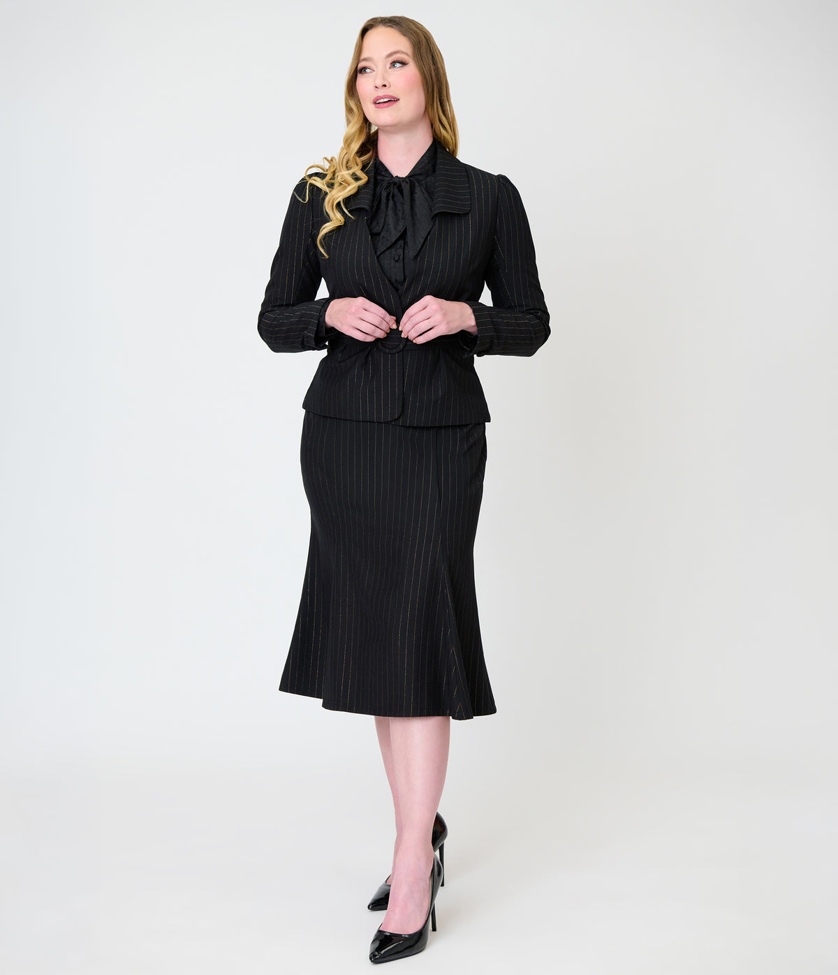Unique Vintage Black & Gold Pinstripe Belted Jacket