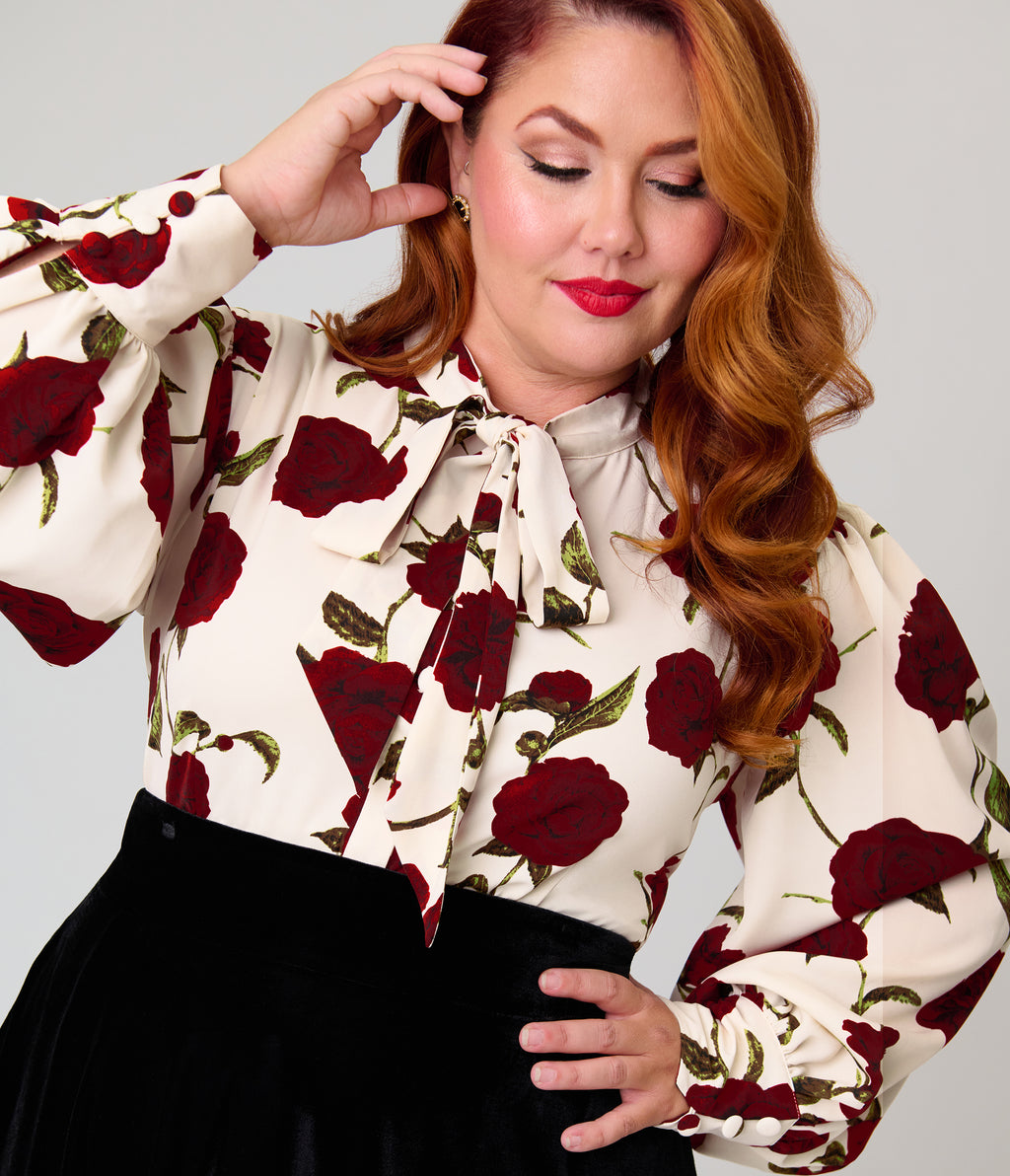 Unique Vintage Plus Size Ivory Rose Print Long Sleeve Gwen Blouse