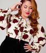 Unique Vintage Plus Size Ivory Rose Print Long Sleeve Gwen Blouse