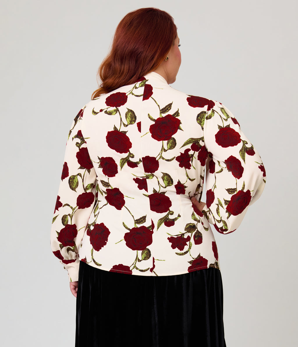 Unique Vintage Plus Size Ivory Rose Print Long Sleeve Gwen Blouse