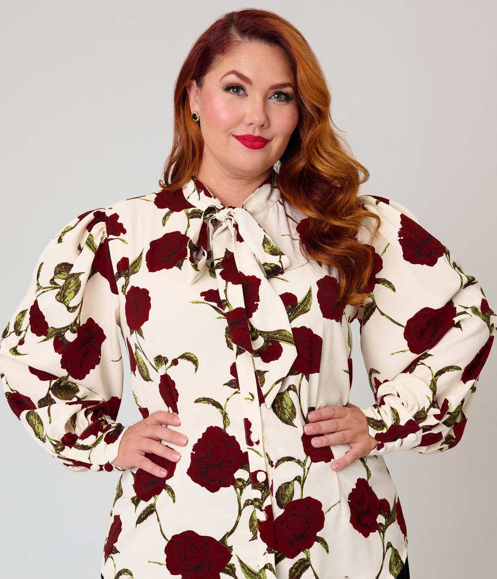 Unique Vintage Plus Size Ivory Rose Print Long Sleeve Gwen Blouse