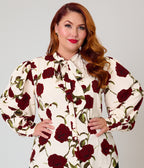 Unique Vintage Plus Size Ivory Rose Print Long Sleeve Gwen Blouse