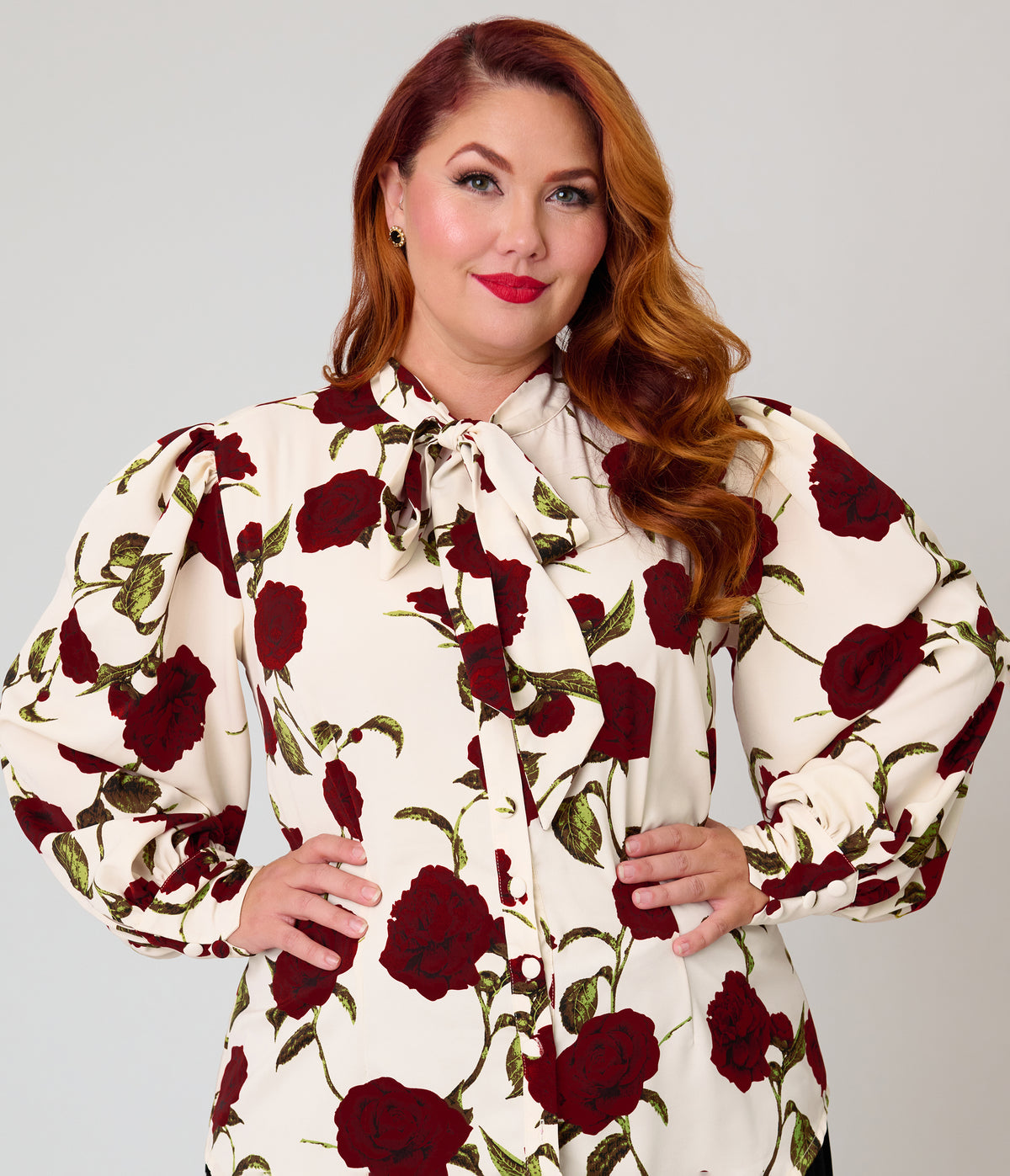 Unique Vintage Plus Size Ivory Rose Print Long Sleeve Gwen Blouse