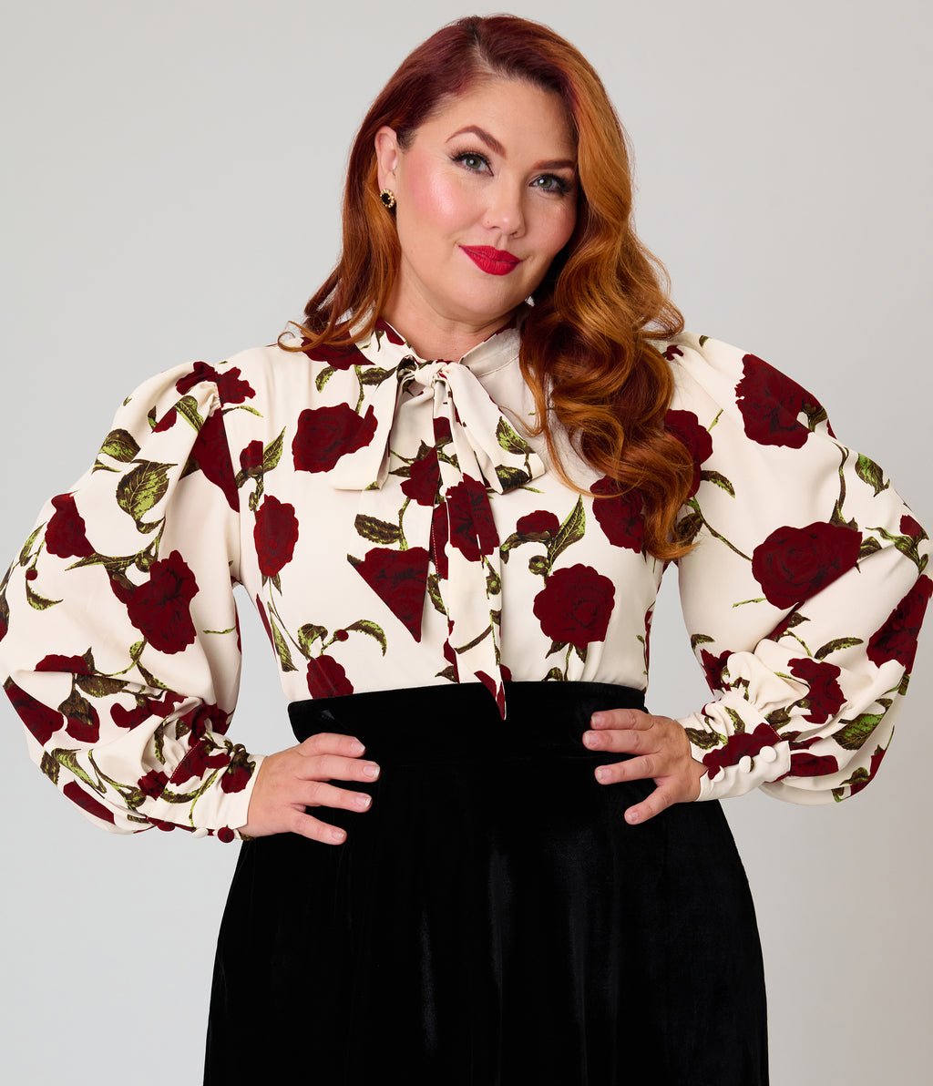 Unique Vintage Plus Size Ivory Rose Print Long Sleeve Gwen Blouse
