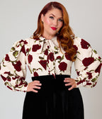 Unique Vintage Plus Size Ivory Rose Print Long Sleeve Gwen Blouse