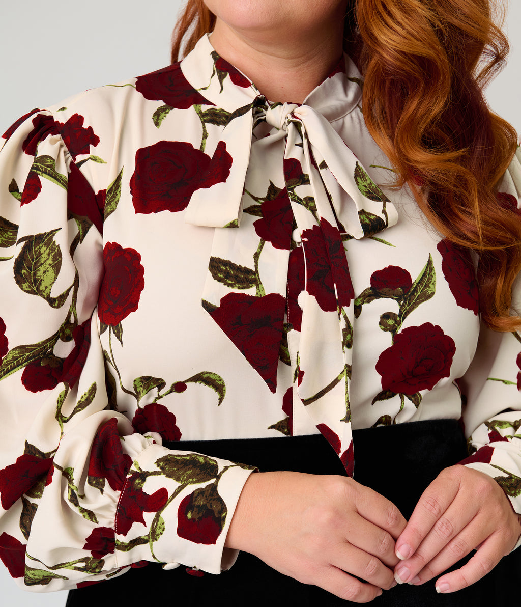 Unique Vintage Plus Size Ivory Rose Print Long Sleeve Gwen Blouse
