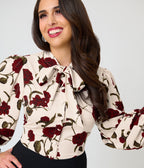 Unique Vintage Ivory Rose Print Long Sleeve Gwen Blouse
