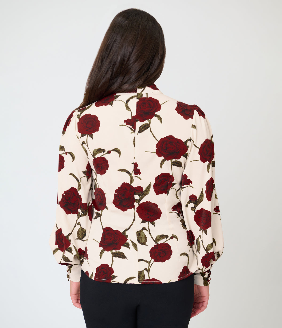 Unique Vintage Ivory Rose Print Long Sleeve Gwen Blouse