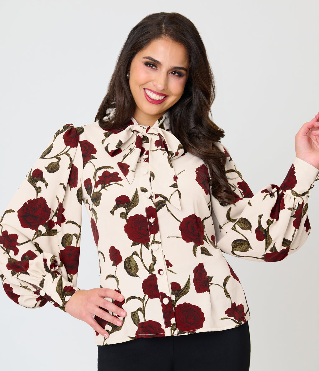 Unique Vintage Ivory Rose Print Long Sleeve Gwen Blouse