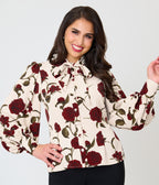 Unique Vintage Ivory Rose Print Long Sleeve Gwen Blouse
