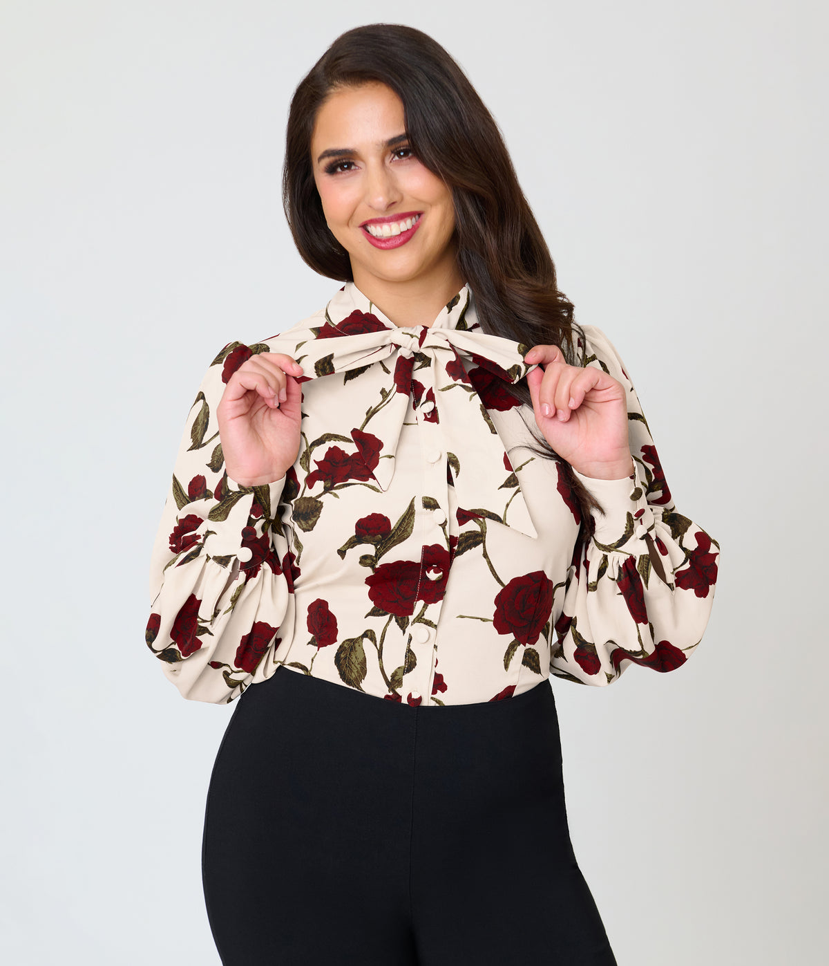 Unique Vintage Ivory Rose Print Long Sleeve Gwen Blouse