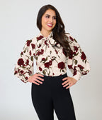 Unique Vintage Ivory Rose Print Long Sleeve Gwen Blouse
