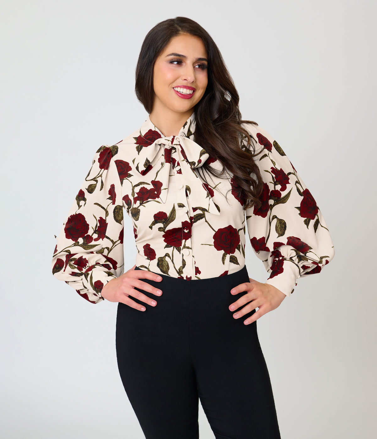 Unique Vintage Ivory Rose Print Long Sleeve Gwen Blouse