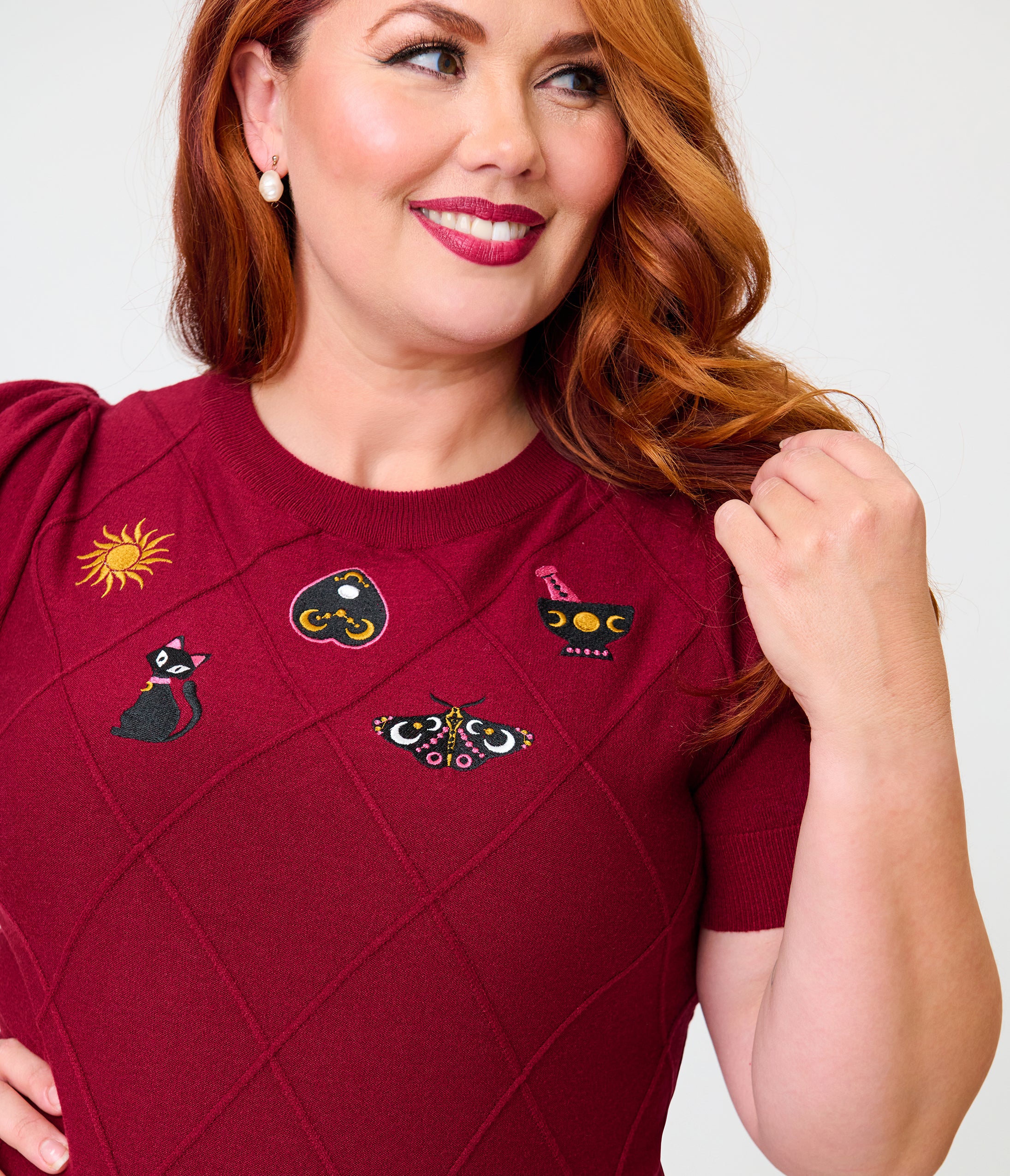 Unique Vintage Plus Size Burgundy Mystical Icons Embroidered Sweater