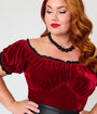 Unique Vintage Plus Size Burgundy Velvet Bernadette Top