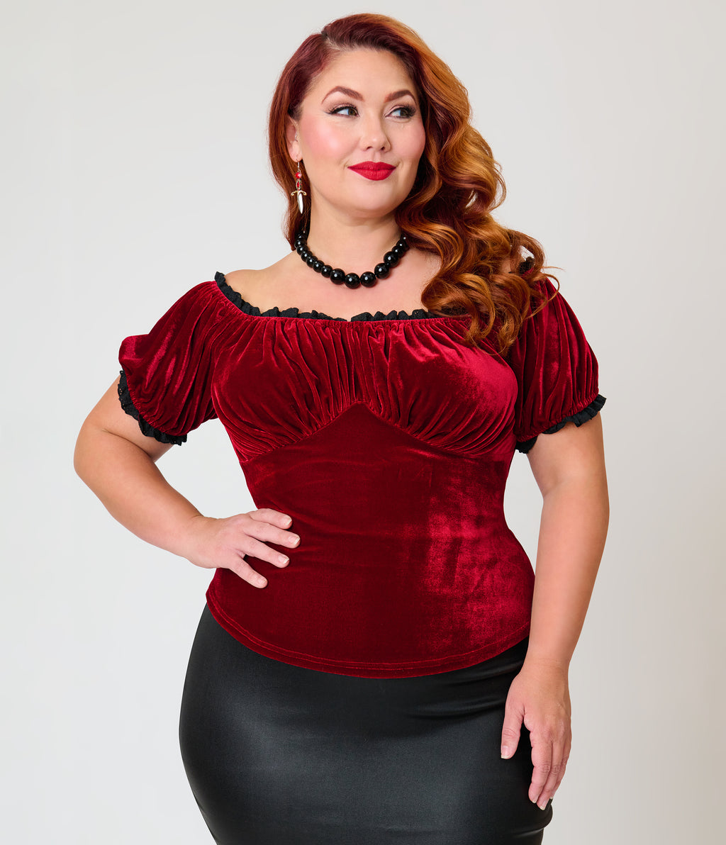 Unique Vintage Plus Size Burgundy Velvet Bernadette Top
