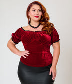 Unique Vintage Plus Size Burgundy Velvet Bernadette Top