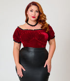 Unique Vintage Plus Size Burgundy Velvet Bernadette Top
