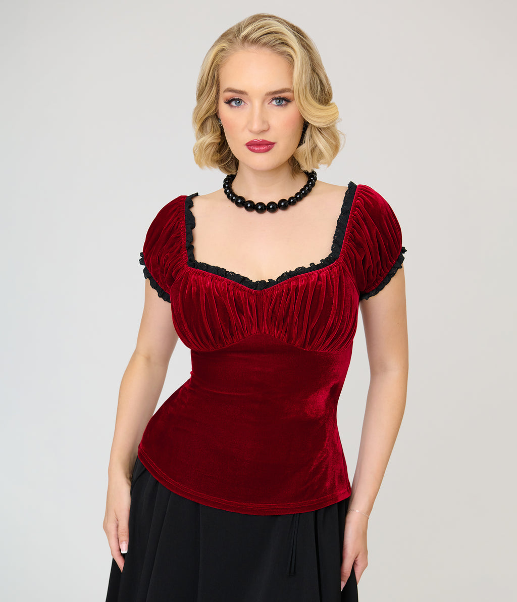 Unique Vintage Burgundy Velvet Bernadette Top