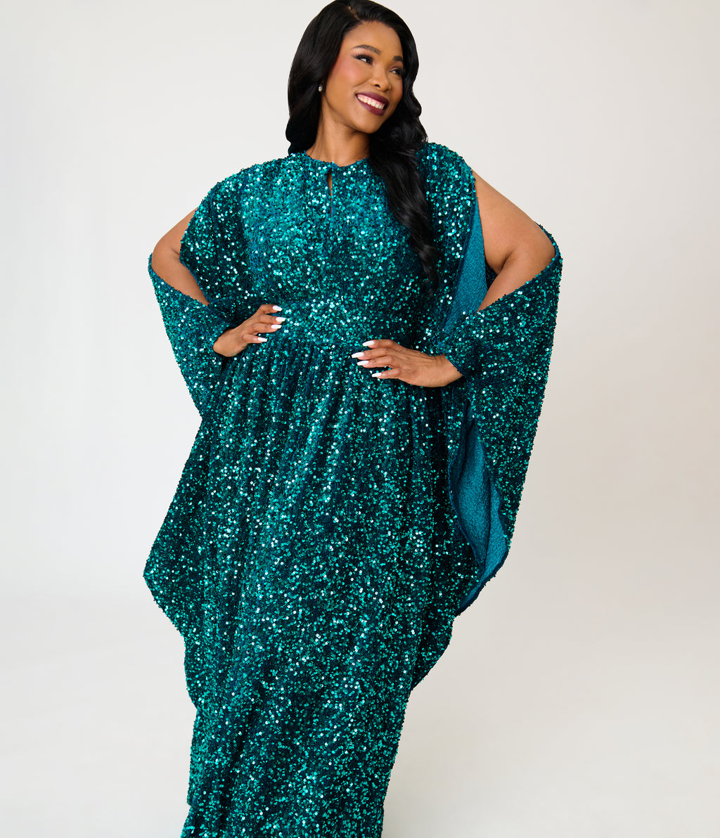 Unique Vintage Plus Size Teal Sequin Flutter Sleeve Dionne Caftan
